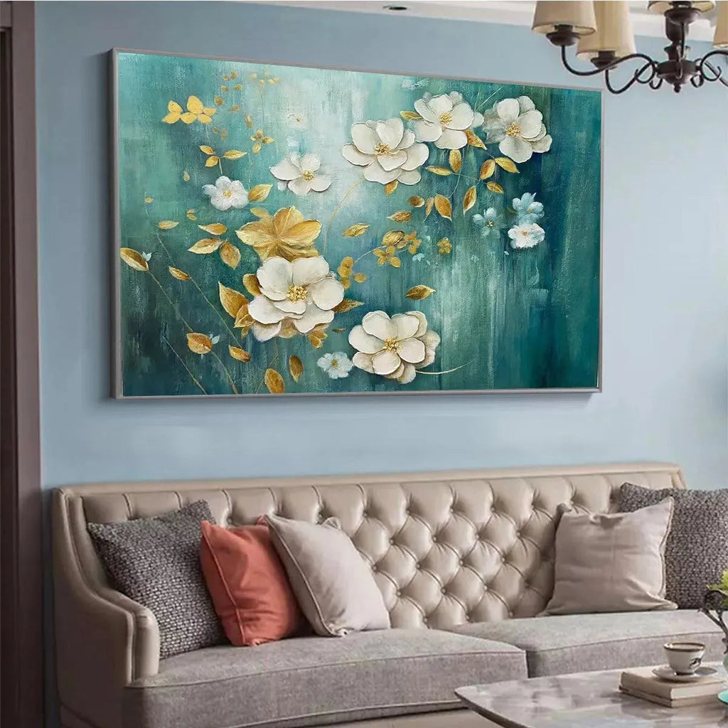 GOLDEN GARDEN: White Gold Floral Wall Art Blue Canvas Elegant Decor