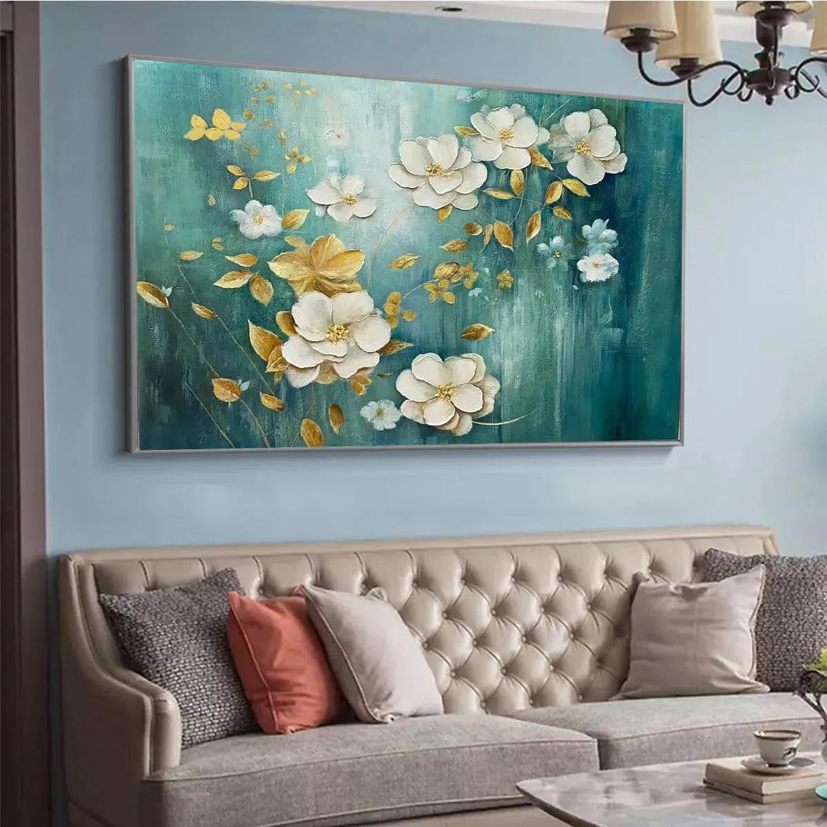 GOLDEN GARDEN: White Gold Floral Wall Art Blue Canvas Elegant Decor