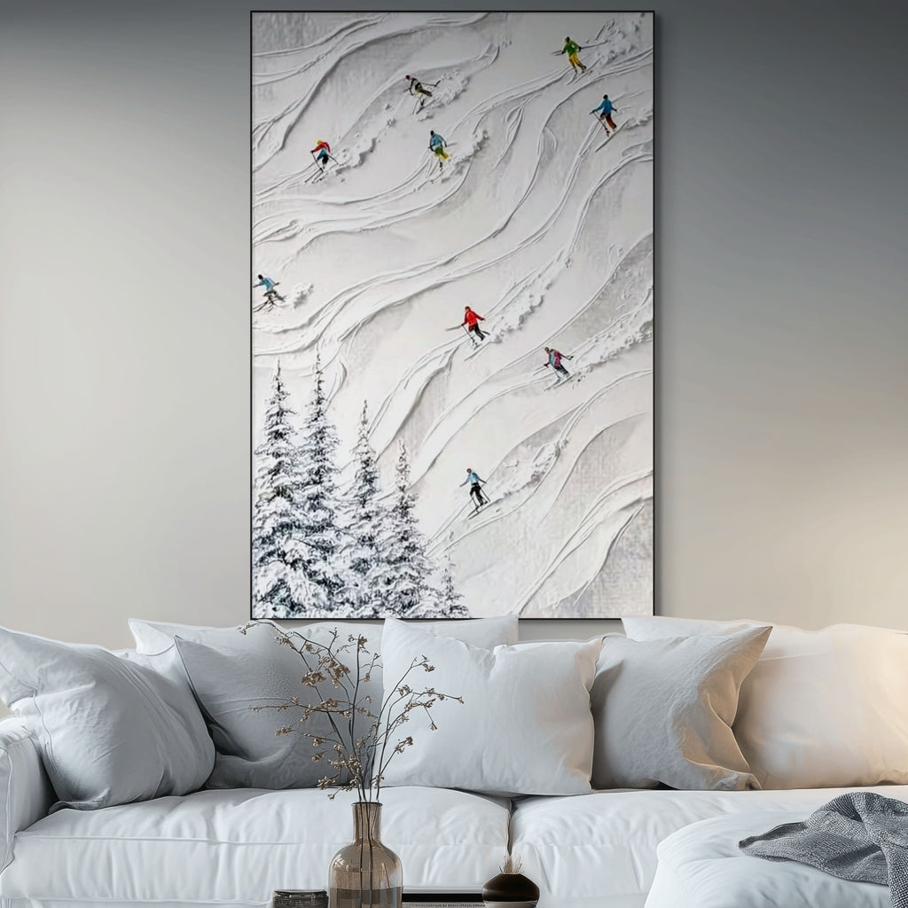 ALPINE DRIFT: Textured Skiers on Snowy Mountain Contemporary Winter Wall Art