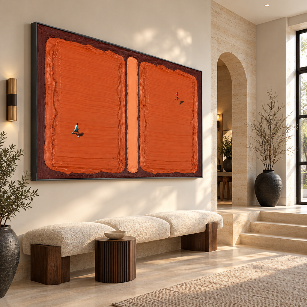 CLAY COURT: Texture Minimalist Tennis Match Oil Painting with Dynamic Energy