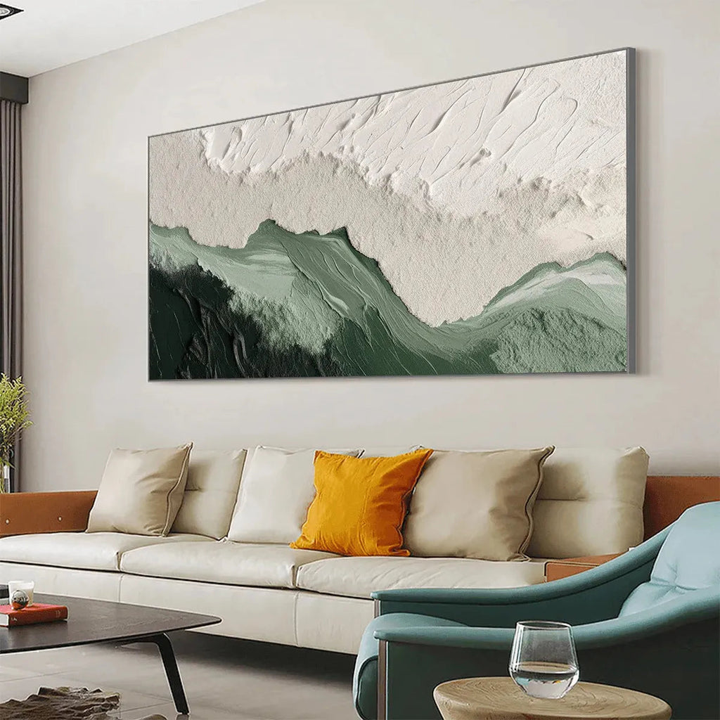 Sage River textured impasto abstract landscape in green & white, elevating a modern living room above a beige sofa.