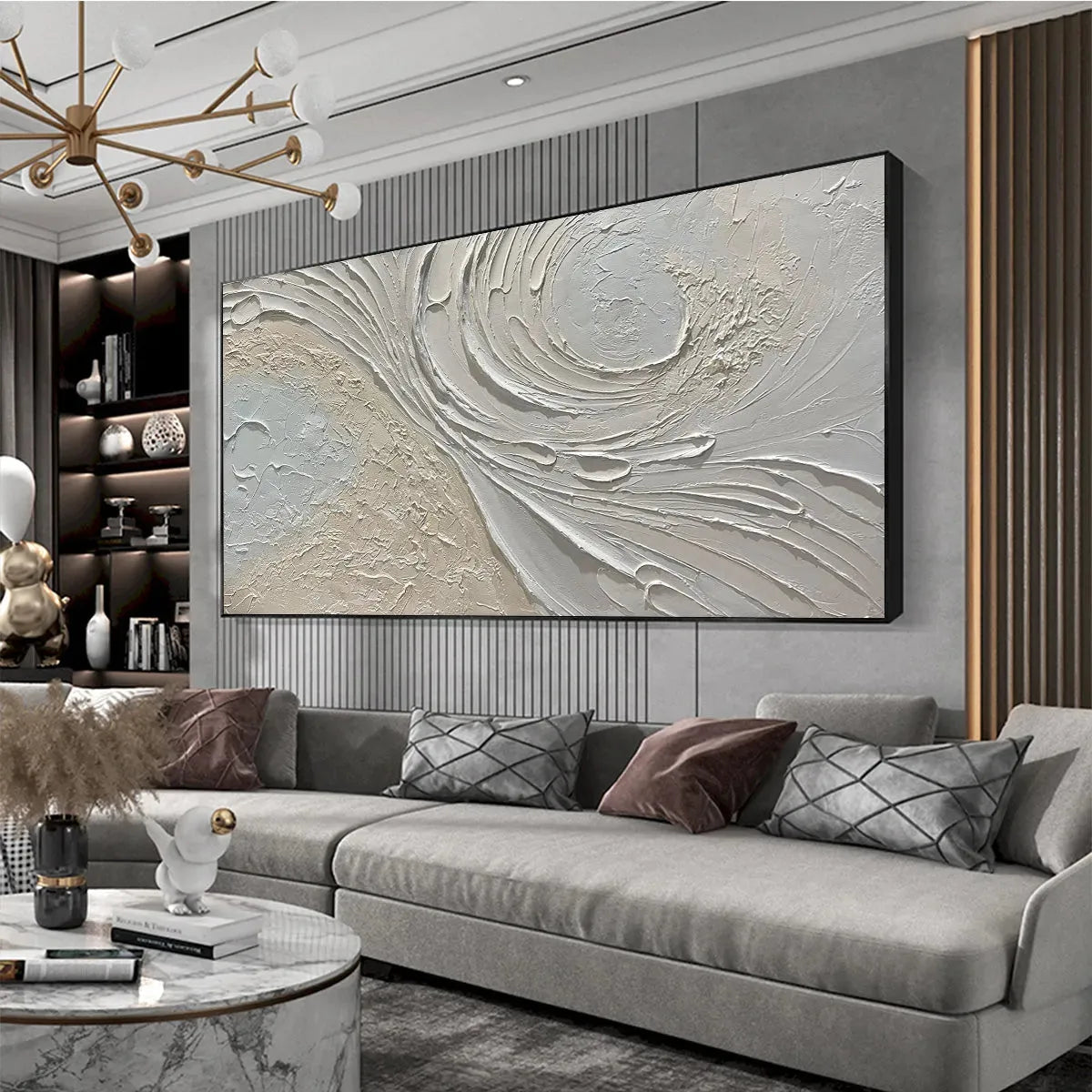 WHISPERS OF THE WIND: Beige Grey Textured Swirls Panoramic Canvas