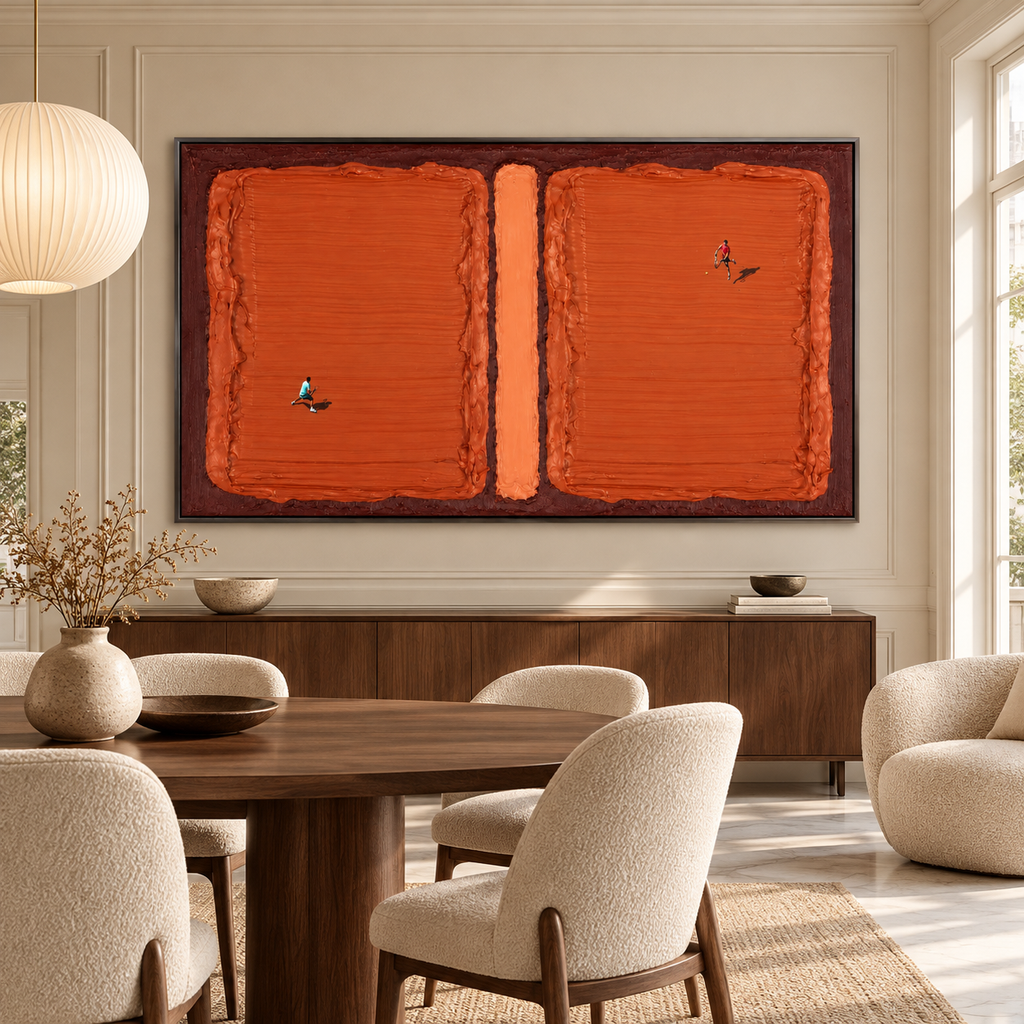 CLAY COURT: Texture Minimalist Tennis Match Oil Painting with Dynamic Energy
