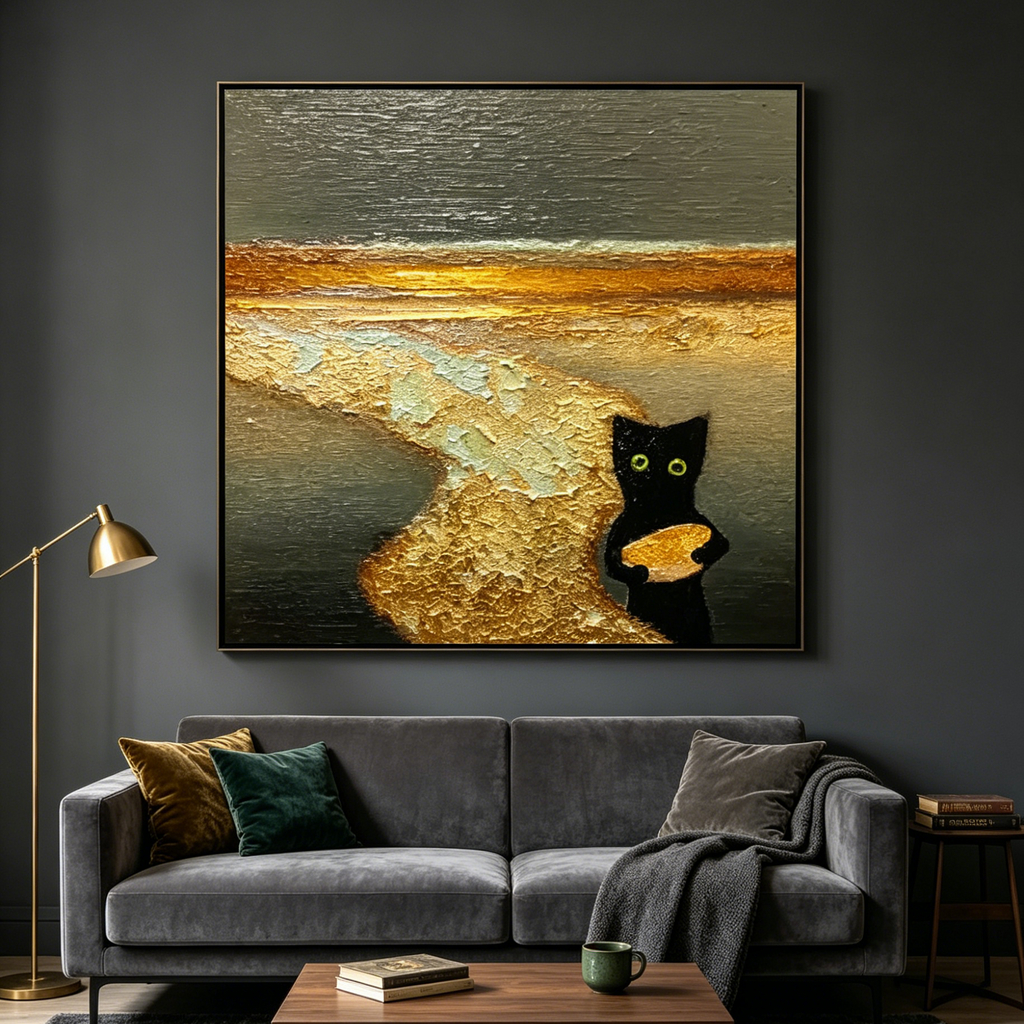 A CATS TREASURE: Textured Impasto Black Cat Emerald Eyes Canvas