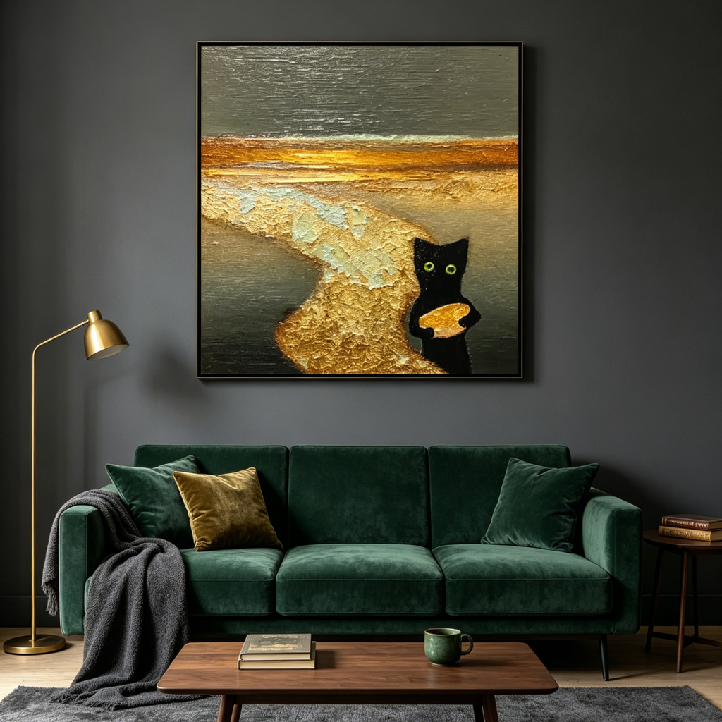 A CATS TREASURE: Textured Impasto Black Cat Emerald Eyes Canvas