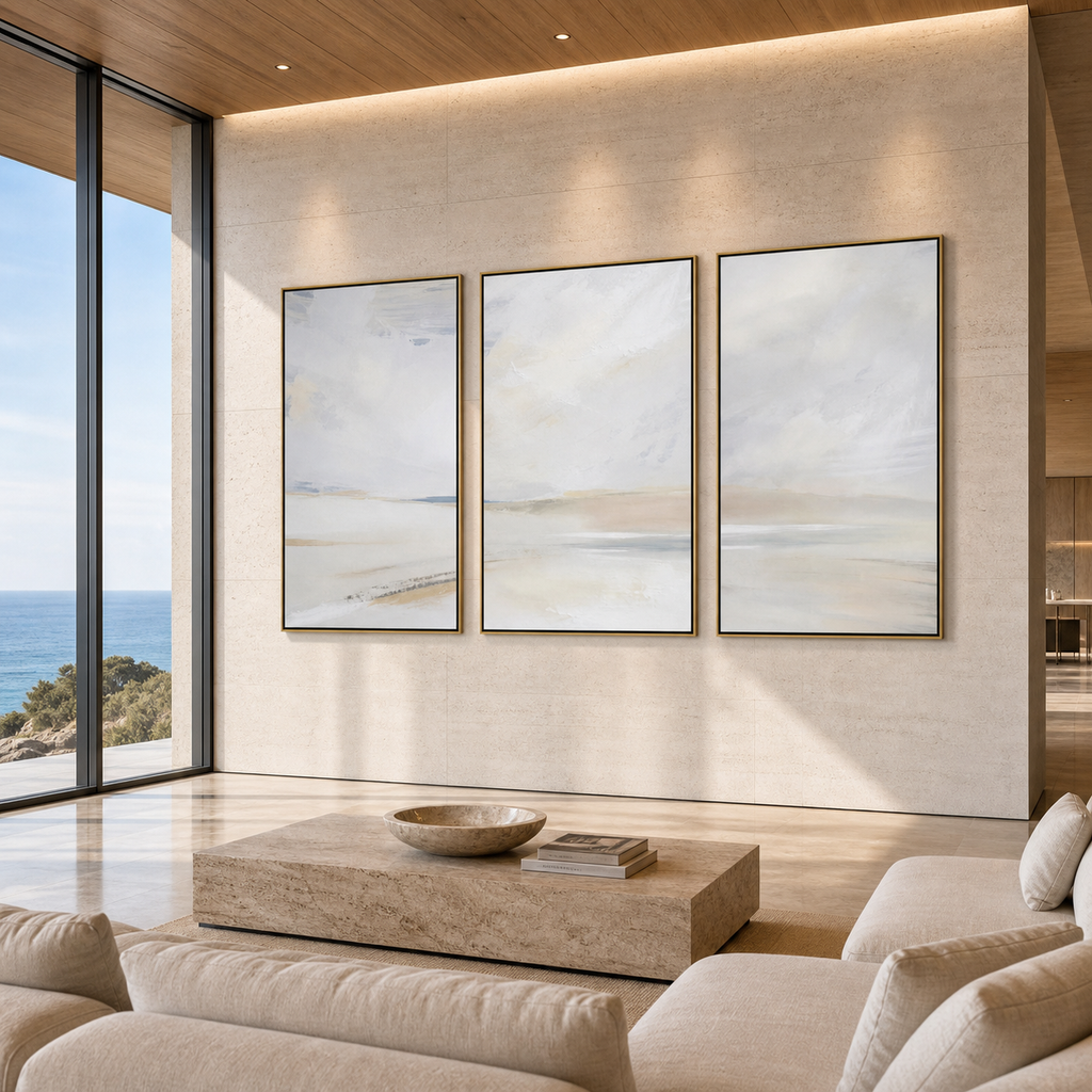 ABSTRACT BEACH TRIPTYCH: Sea Sky Muted Tones Wabi Sabi Canvas Set Of 3