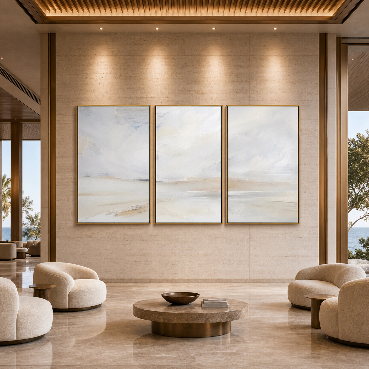 ABSTRACT BEACH TRIPTYCH: Sea Sky Muted Tones Wabi Sabi Canvas Set Of 3
