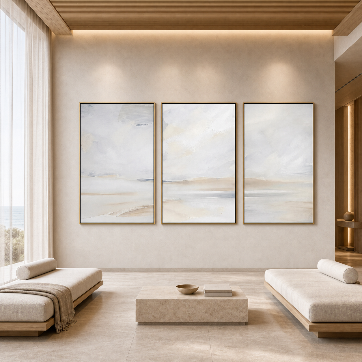 ABSTRACT BEACH TRIPTYCH: Sea Sky Muted Tones Wabi Sabi Canvas Set Of 3