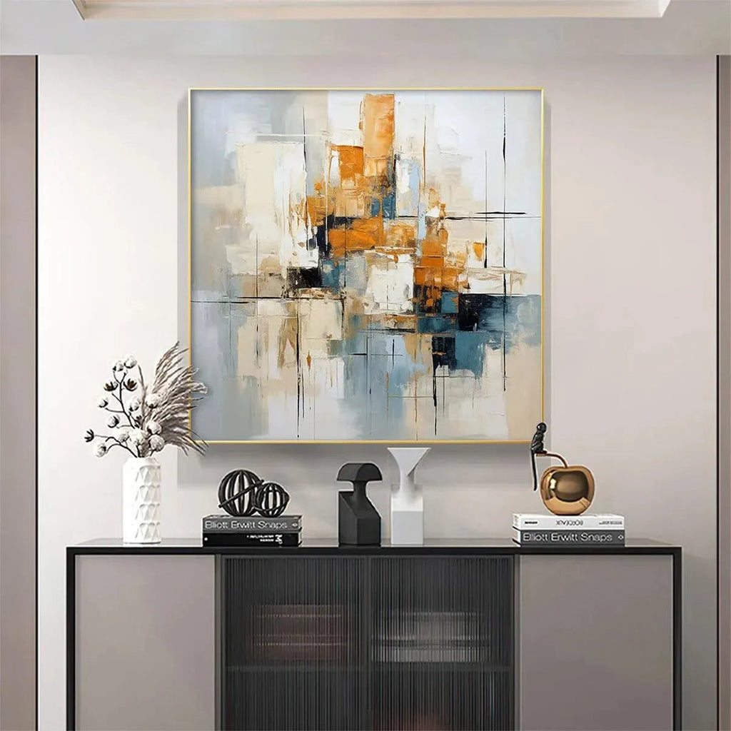 Abstract Cityscape Painting by Javier Ramirez, Textured Geometric Wall Art