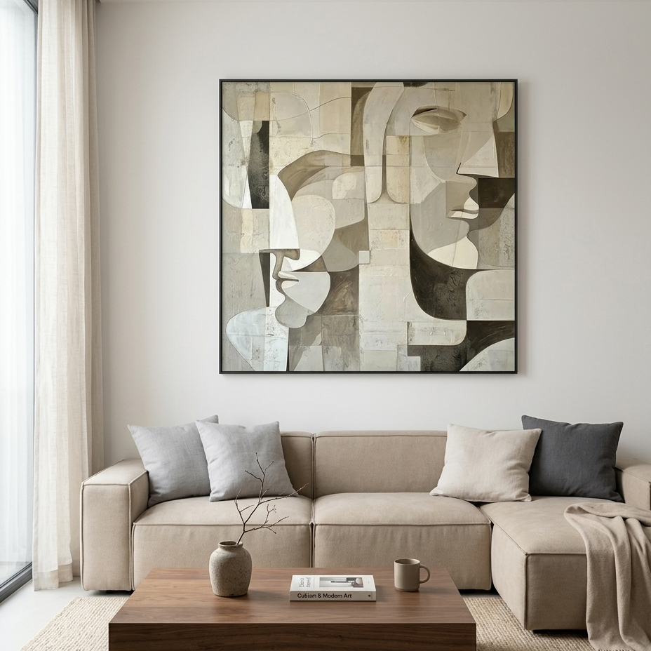 ABSTRACT FACES: Cubist Geometric Neutral Tones Portrait Canvas