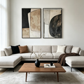 ABSTRACT GEOMETRIC DIPTYCH: Black Brown Beige Color Block Canvas Set Of 2