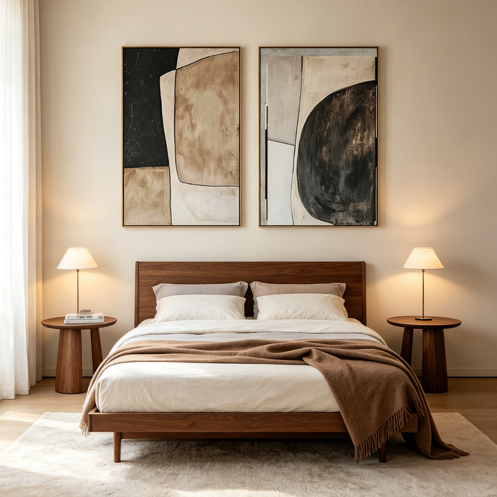ABSTRACT GEOMETRIC DIPTYCH: Black Brown Beige Color Block Canvas Set Of 2