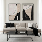 ABSTRACT MINIMALIST DIPTYCH: Black White Beige Geometric Lines Canvas Set Of 2