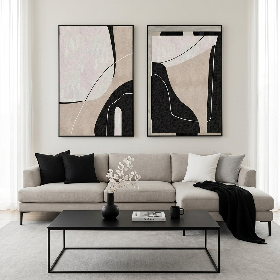 ABSTRACT MINIMALIST DIPTYCH: Black White Beige Geometric Lines Canvas Set Of 2