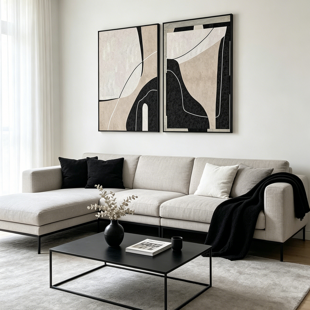 ABSTRACT MINIMALIST DIPTYCH: Black White Beige Geometric Lines Canvas Set Of 2