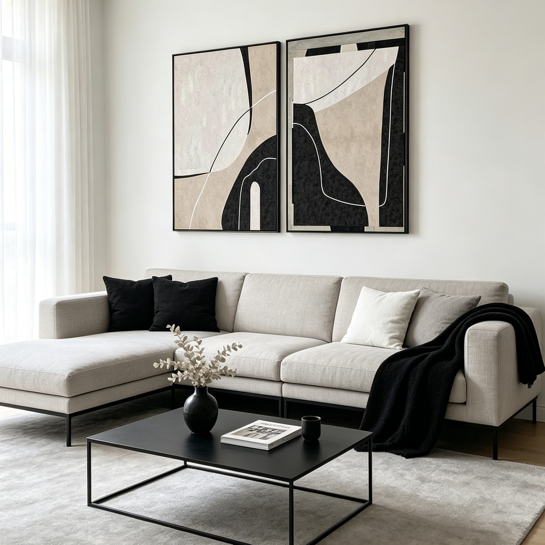 ABSTRACT MINIMALIST DIPTYCH: Black White Beige Geometric Lines Canvas Set Of 2