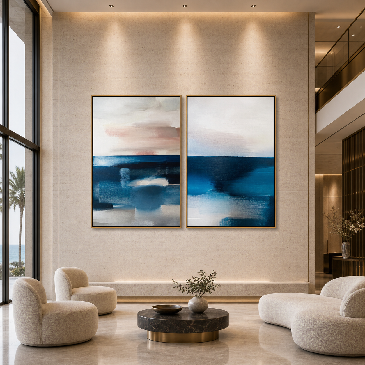 ABSTRACT OCEAN DIPTYCH: Soft Blue Pink Beige Abstract Seascape Canvas Set Of 2