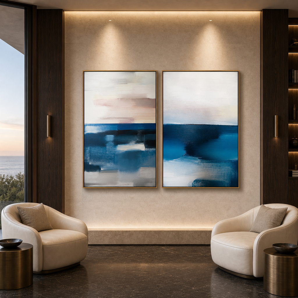 ABSTRACT OCEAN DIPTYCH: Soft Blue Pink Beige Abstract Seascape Canvas Set Of 2