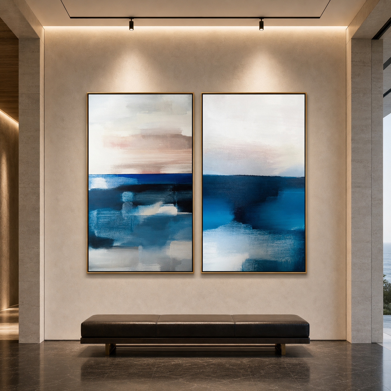 ABSTRACT OCEAN DIPTYCH: Soft Blue Pink Beige Abstract Seascape Canvas Set Of 2