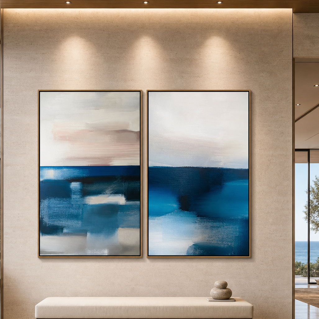 ABSTRACT OCEAN DIPTYCH: Soft Blue Pink Beige Abstract Seascape Canvas Set Of 2