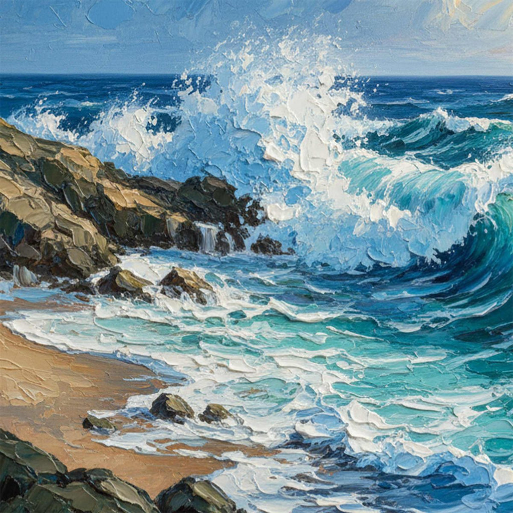 AEGEAN CREST: Textured Crashing Ocean Wave Oil Painting