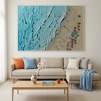 AERIAL VISTA: Impasto Beach Scene Colorful Umbrellas Turquoise Waves Canvas
