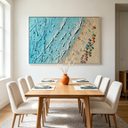 AERIAL VISTA: Impasto Beach Scene Colorful Umbrellas Turquoise Waves Canvas