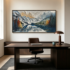 ALPINE GLOW: Impasto Brushed Peaks Mirrored Lake Forest Canvas