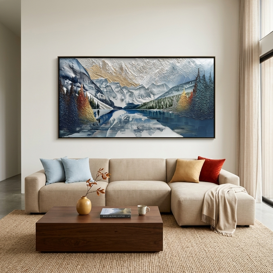 ALPINE GLOW: Impasto Brushed Peaks Mirrored Lake Forest Canvas