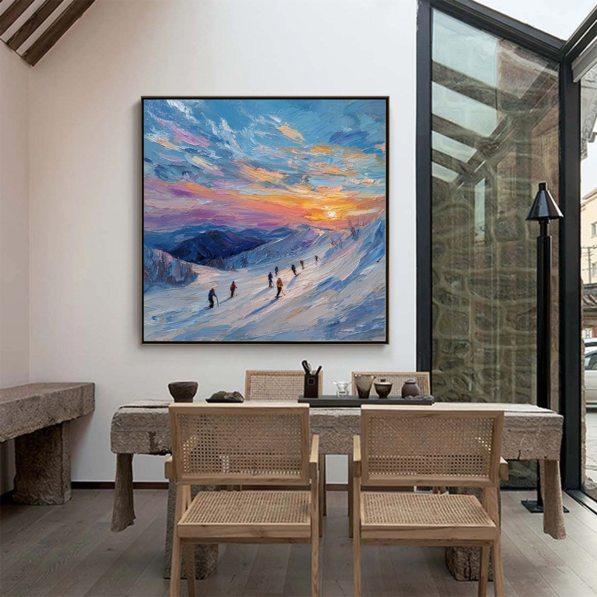 ALPINE GLOW: Textured Palette Knife Skiing Mountain Landscape Painting