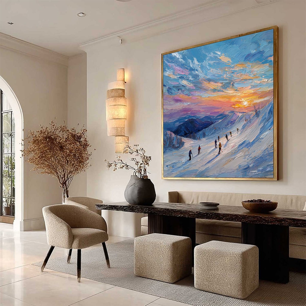 ALPINE GLOW: Textured Palette Knife Skiing Mountain Landscape Painting