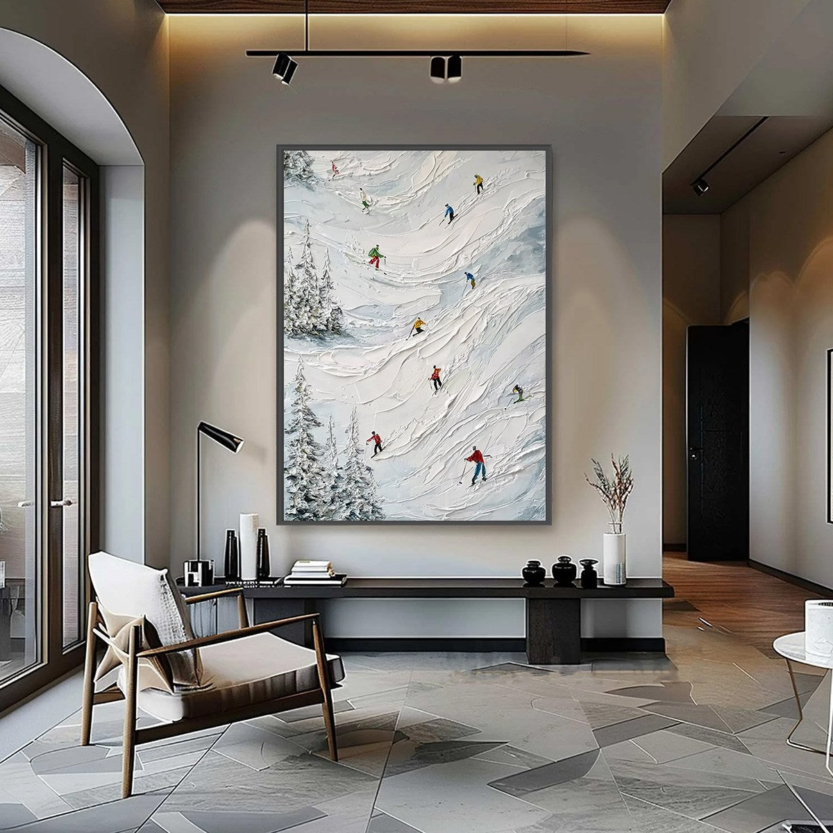 ALPINE RUSH: Heavy Texture Impasto Painting of Skiers on a Mountain