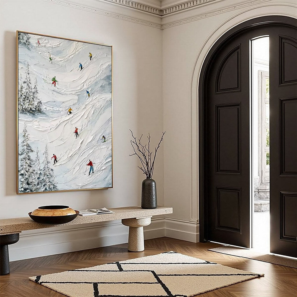 ALPINE RUSH: Heavy Texture Impasto Painting of Skiers on a Mountain