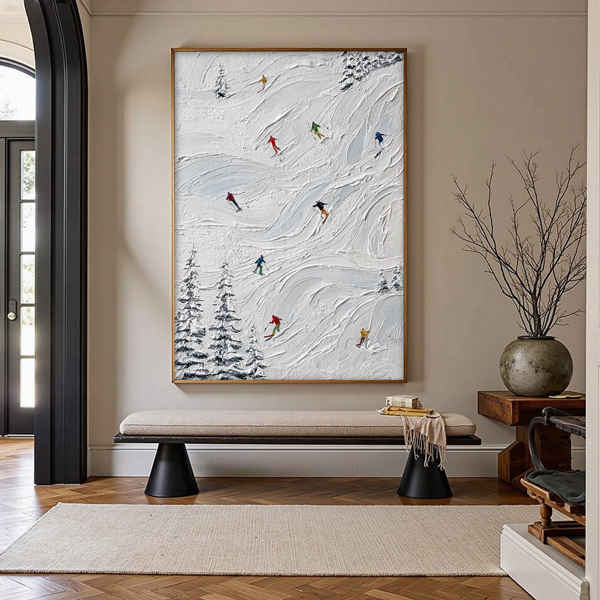ALPINE RUSH: Textured Impasto Painting of Skiers on Snowy Slopes