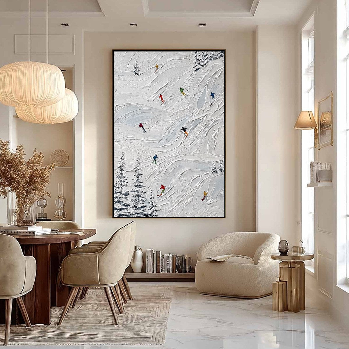 ALPINE RUSH: Textured Impasto Painting of Skiers on Snowy Slopes