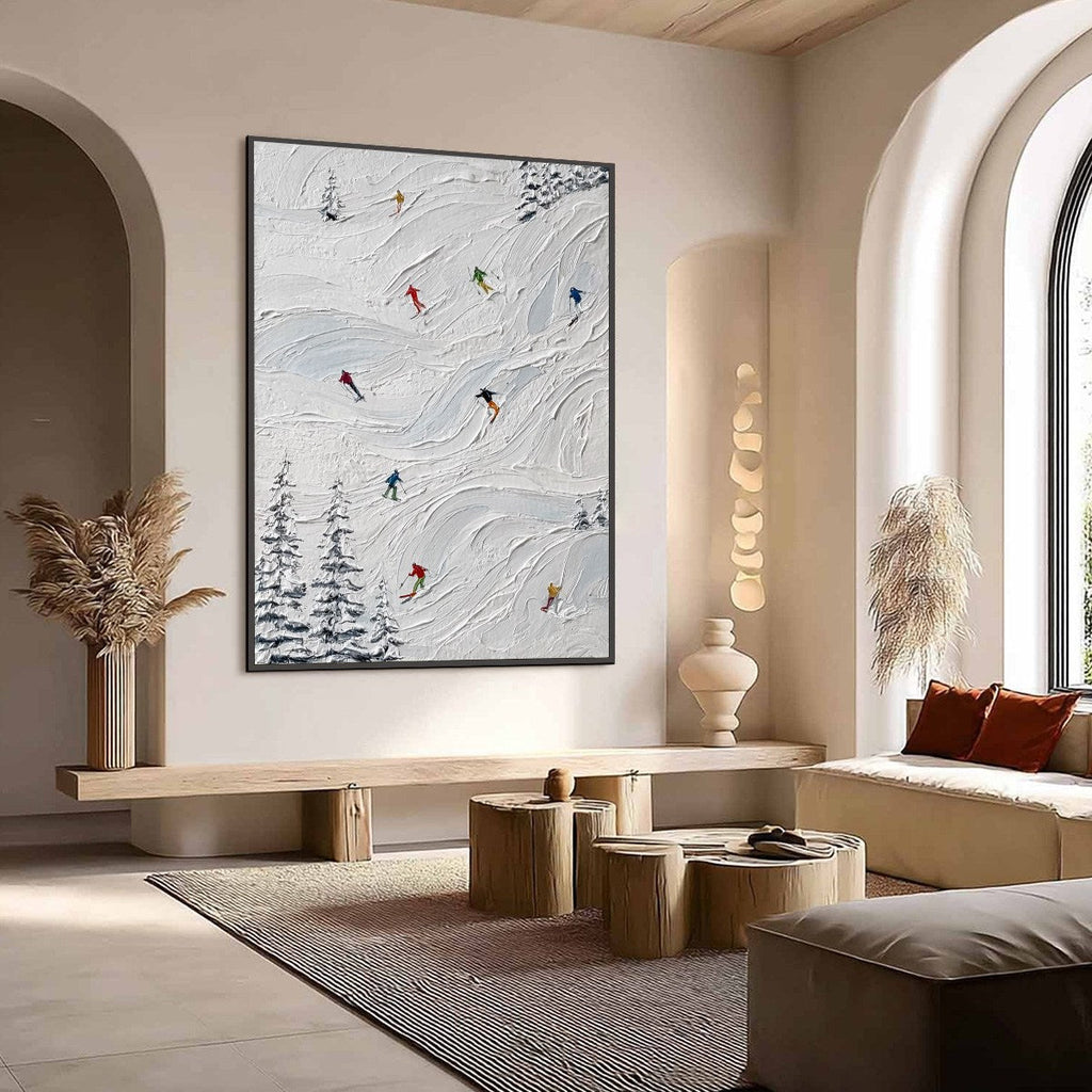 ALPINE RUSH: Textured Impasto Painting of Skiers on Snowy Slopes