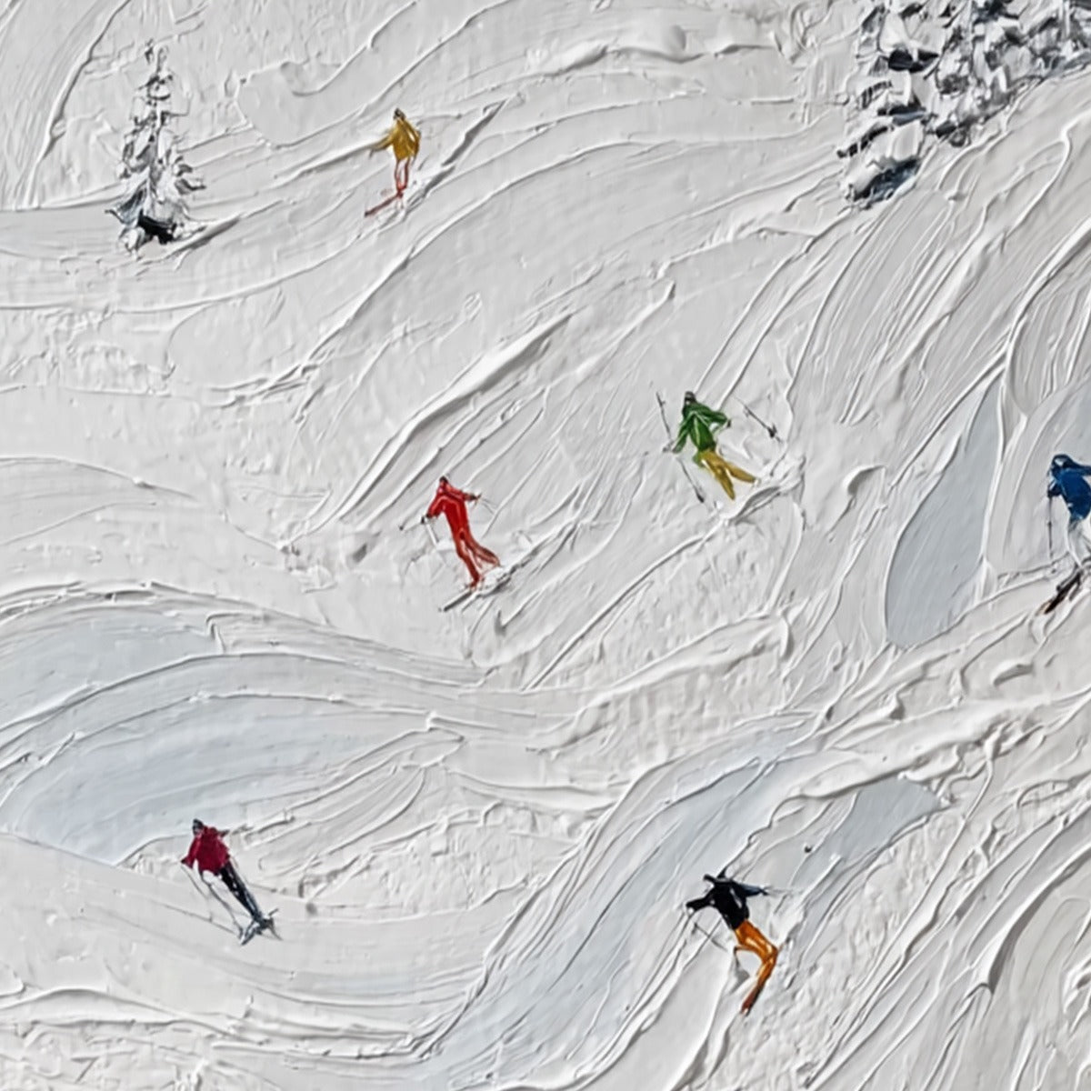 ALPINE RUSH: Textured Impasto Painting of Skiers on Snowy Slopes