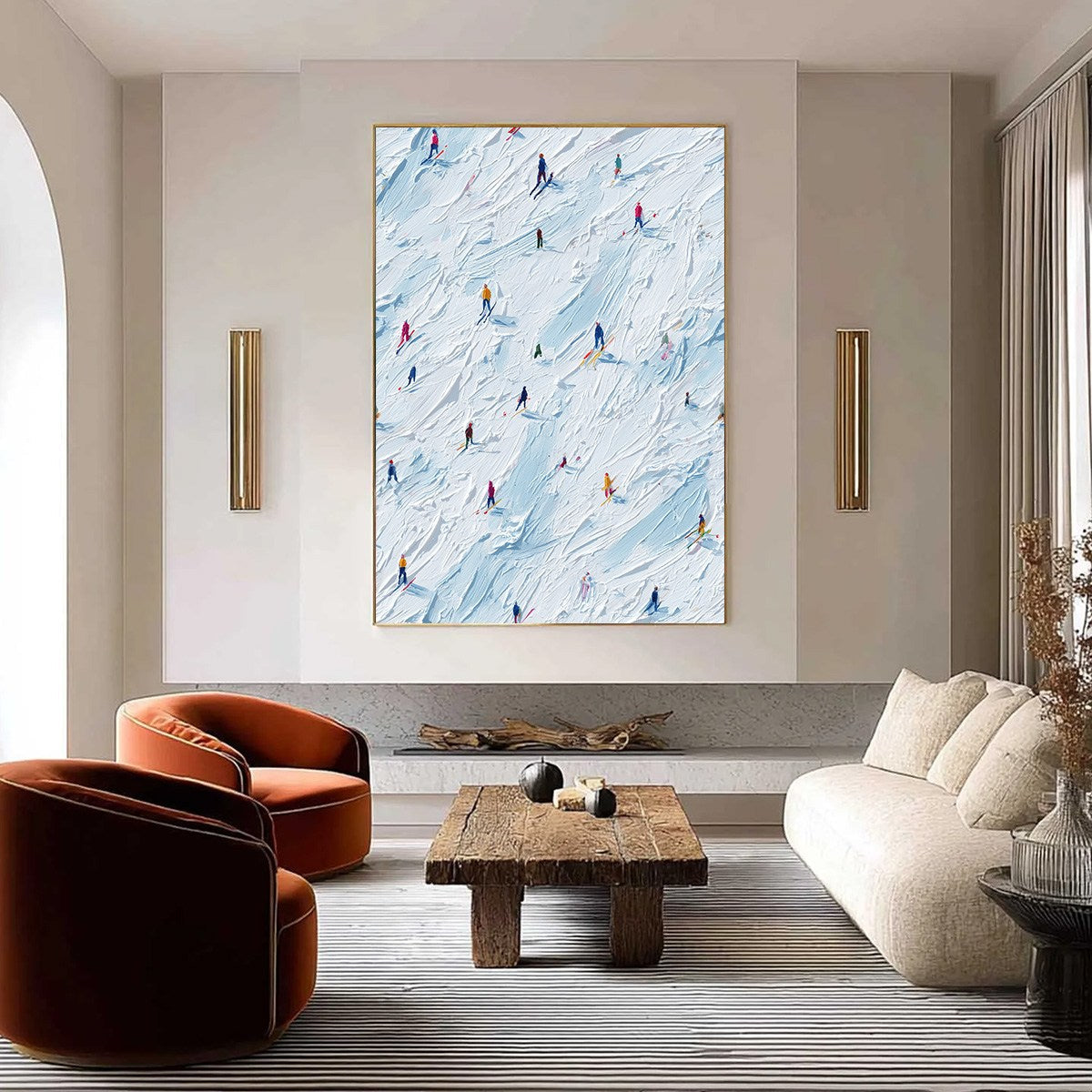 ALPINE RUSH: Textured Impasto Painting of Skiers on a Slope