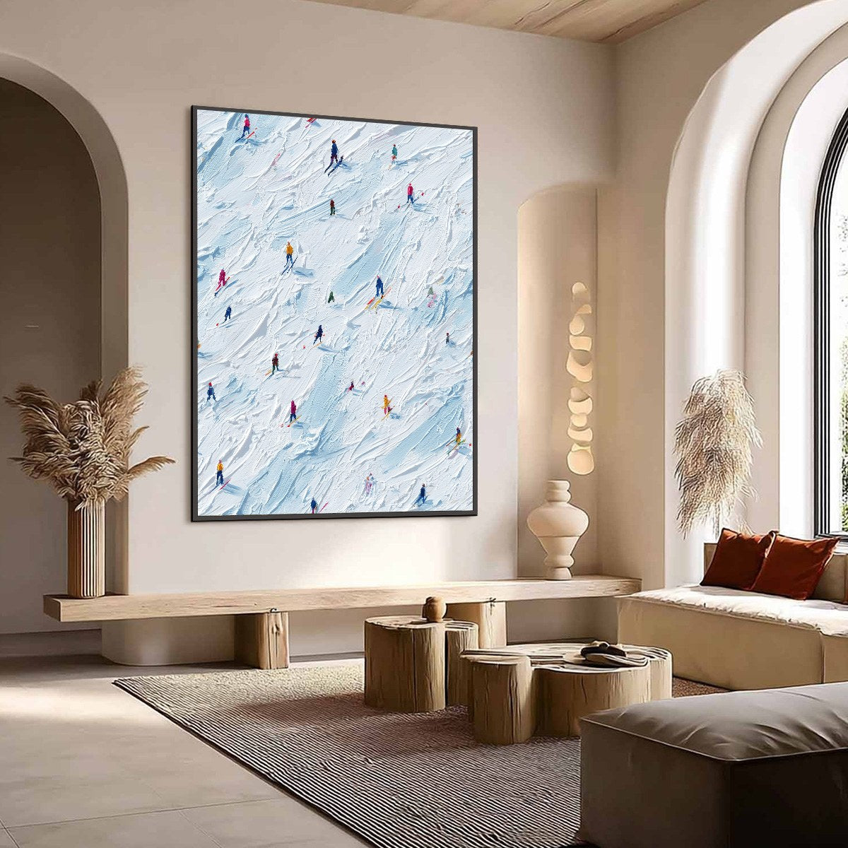 ALPINE RUSH: Textured Impasto Painting of Skiers on a Slope