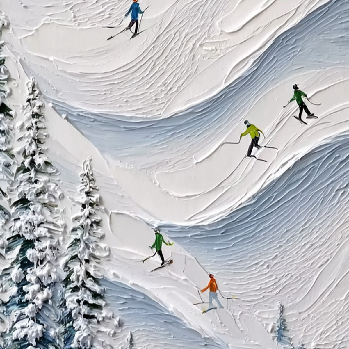 ALPINE RUSH: Textured Impasto Painting of Skiers on a Snowy Mountain1