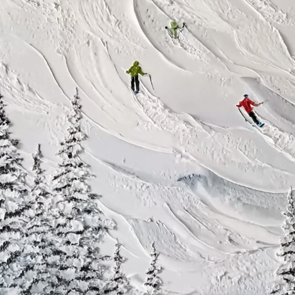 ALPINE RUSH: Textured Impasto Painting of Skiers on a Snowy Mountain