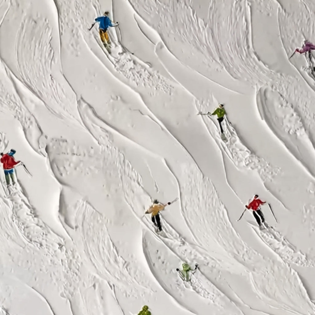 ALPINE RUSH: Textured Impasto Painting of Skiers on a Snowy Mountain