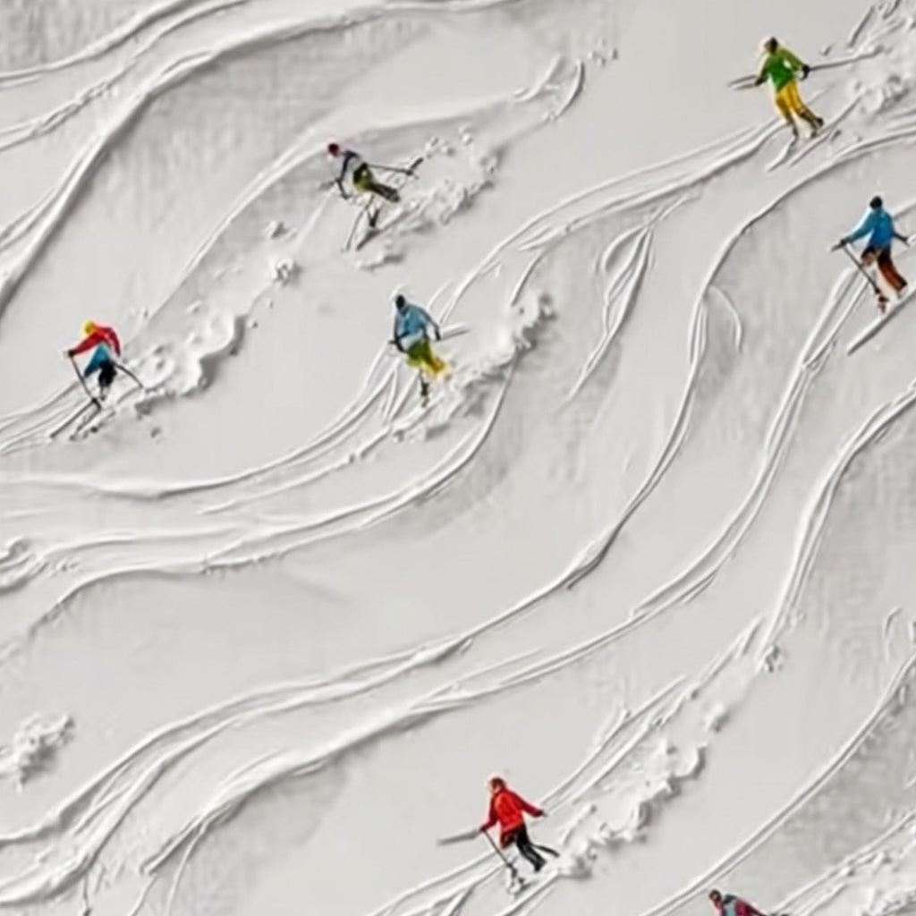 ALPINE RUSH: Textured Impasto Painting of Skiers on a Snowy Mountain