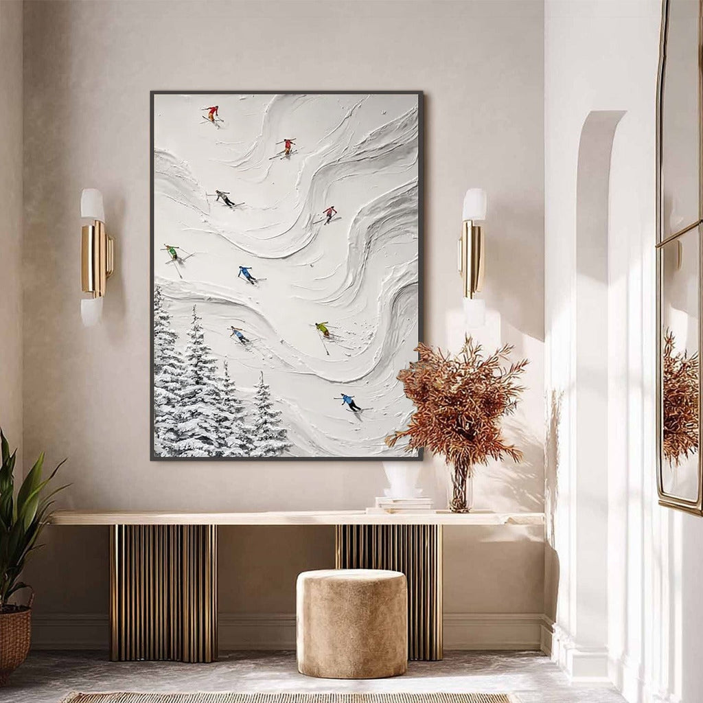 ALPINE RUSH: Textured Impasto Skiing Painting on Canvas