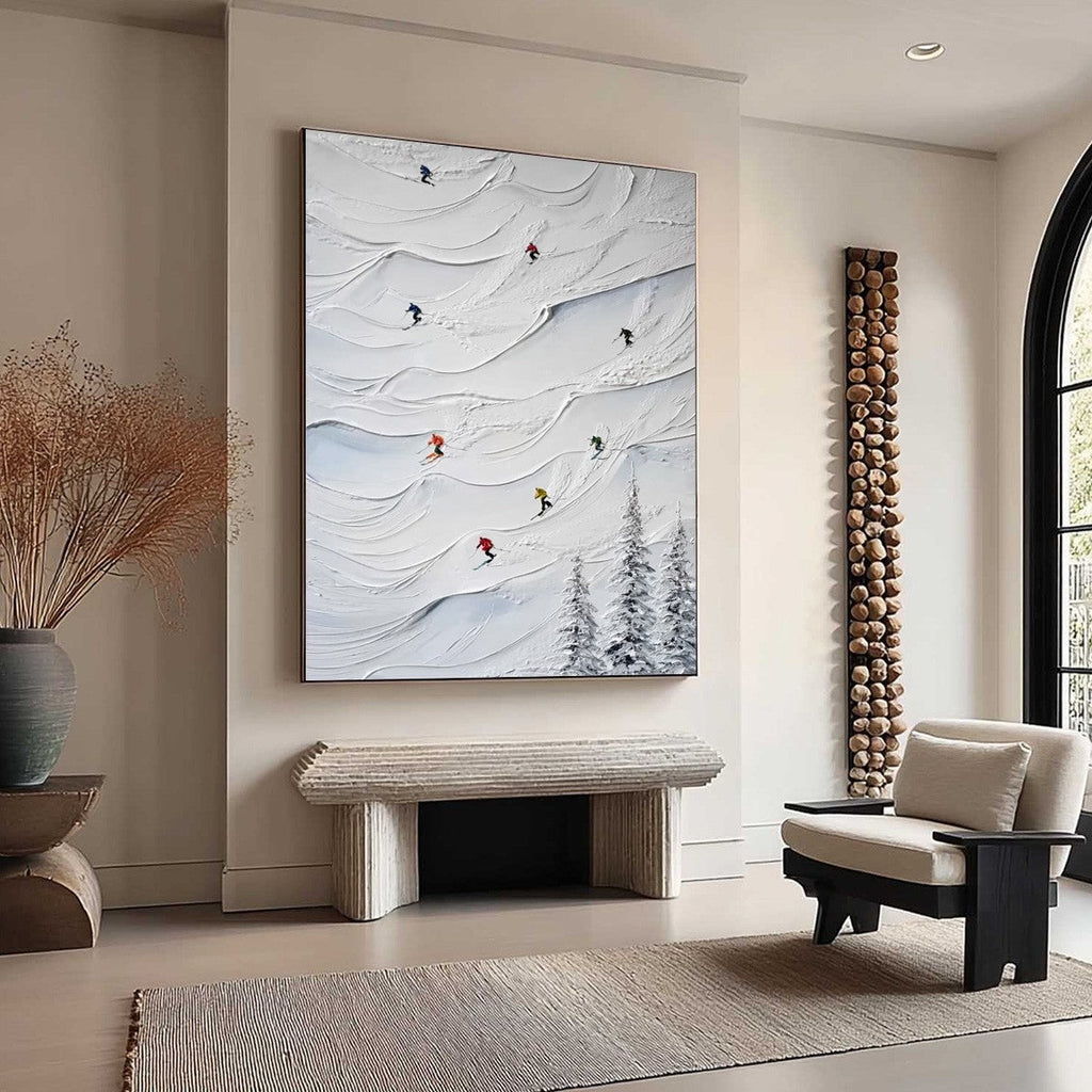 ALPINE RUSH: Textured Impasto Skiing on Snowy Mountain Oil Painting