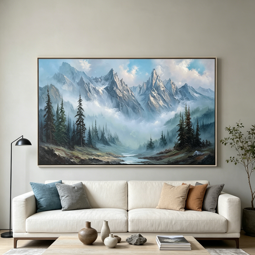 ALPINE WHISPER: Misty Mountain Valley Landscape Art