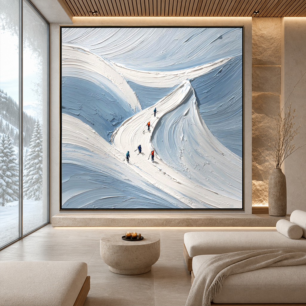 ALPINE ASCENT: Skiers Fresh Powder Impasto Mountain Canvas