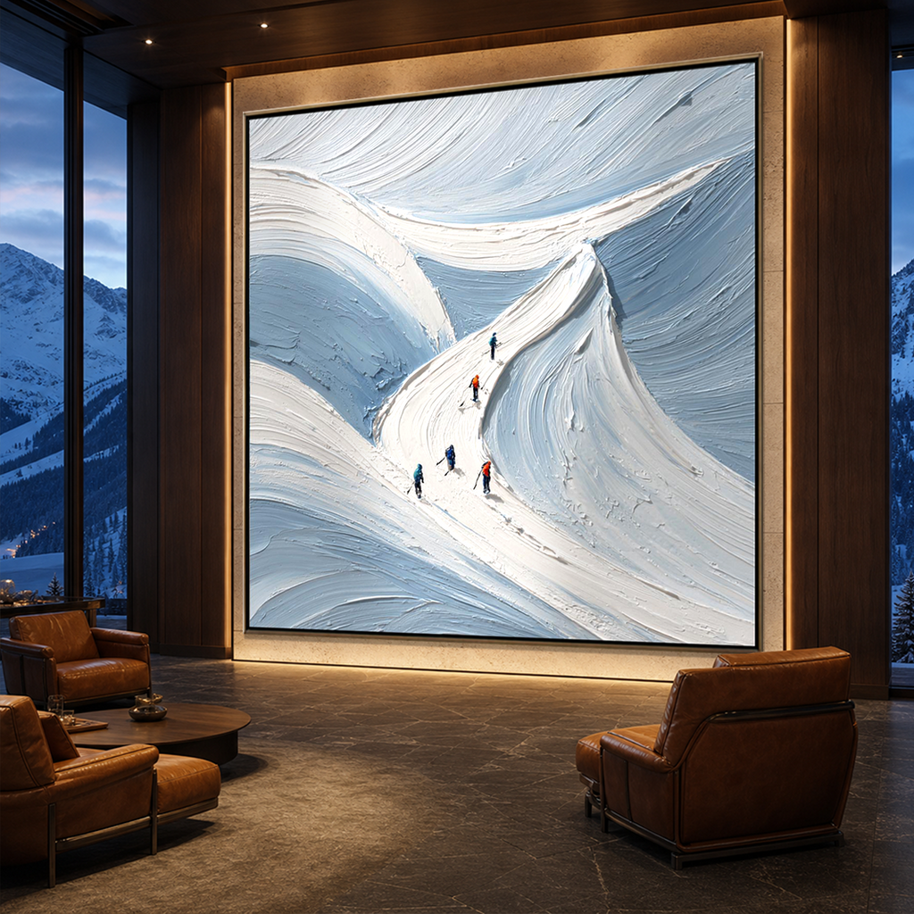 ALPINE ASCENT: Skiers Fresh Powder Impasto Mountain Canvas