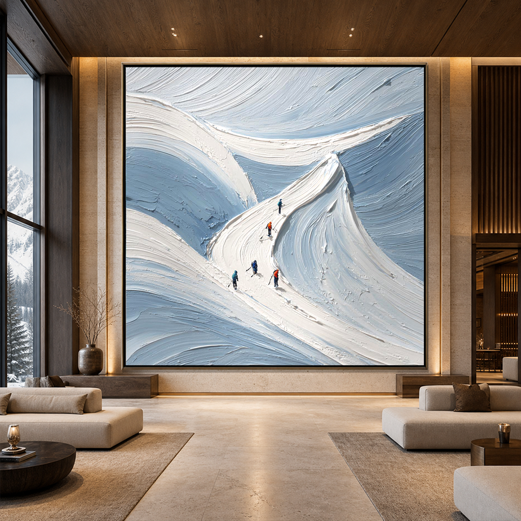 ALPINE ASCENT: Skiers Fresh Powder Impasto Mountain Canvas