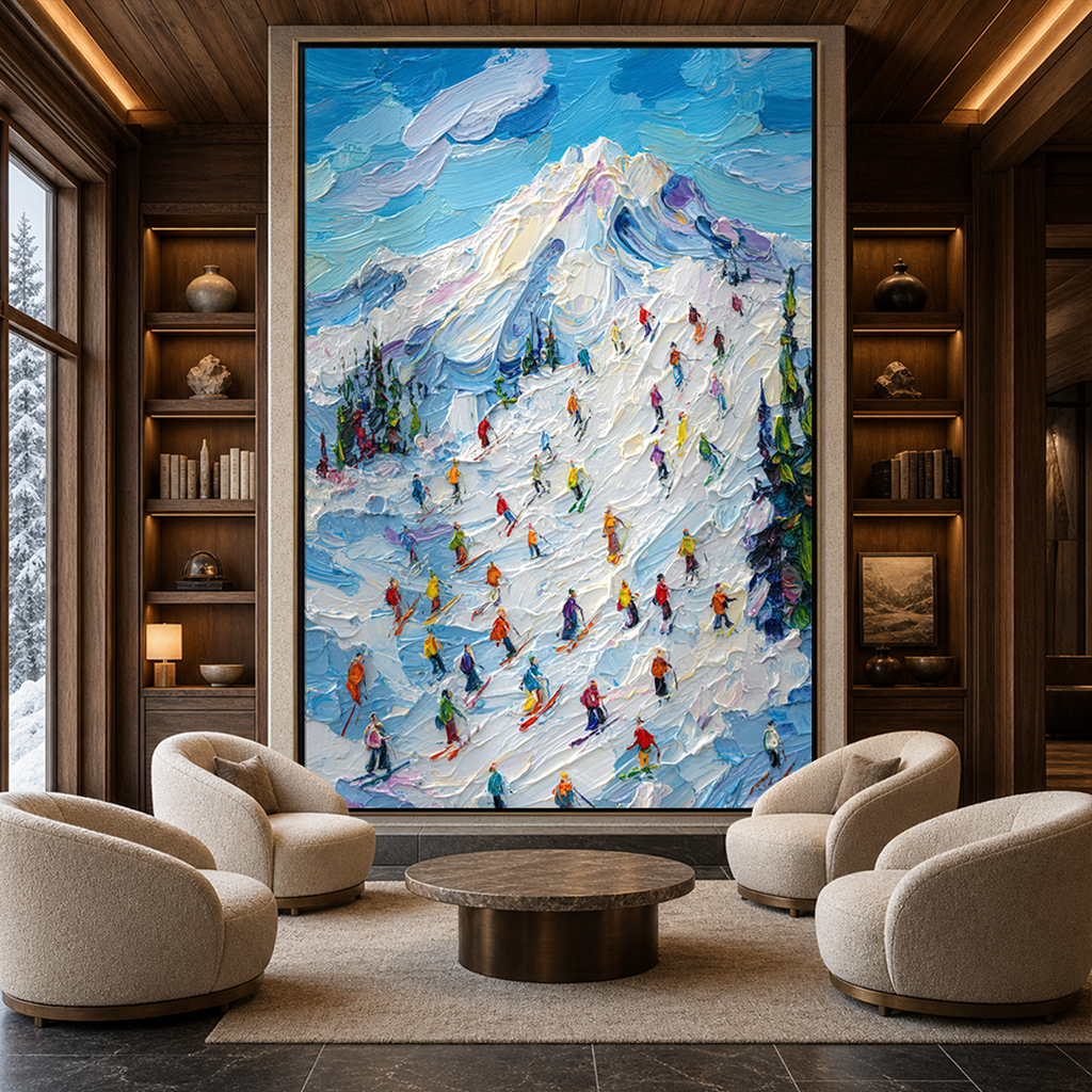 ALPINE RUSH: Colorful Skiers Sunlit Snow Impasto Canvas